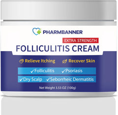 PHARMBANNER Folliculitis Cream tube on a bathroom shelf for soothing relief