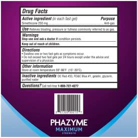 Phazyme Maximum Strength ingredients panel mentions Simethicone and Calcium Carbonate for relief options.