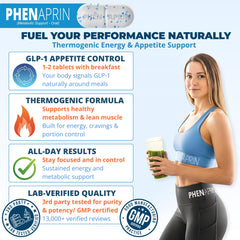 PhenAprin bottle beside a diet planner suggesting structured craving control.