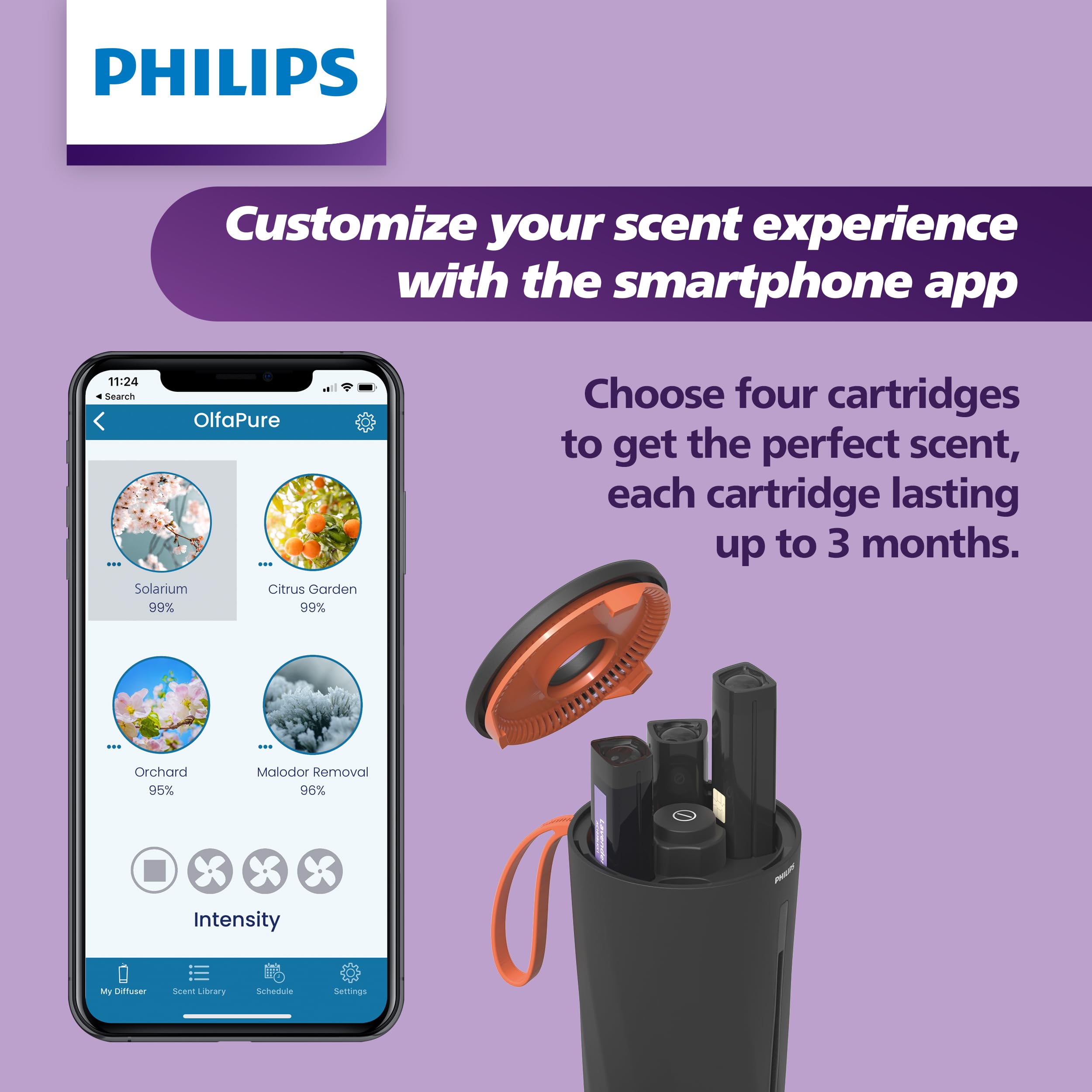 Philips OlfaPure 7300 cartridge shown with long-lasting fragrance up to 3 months.