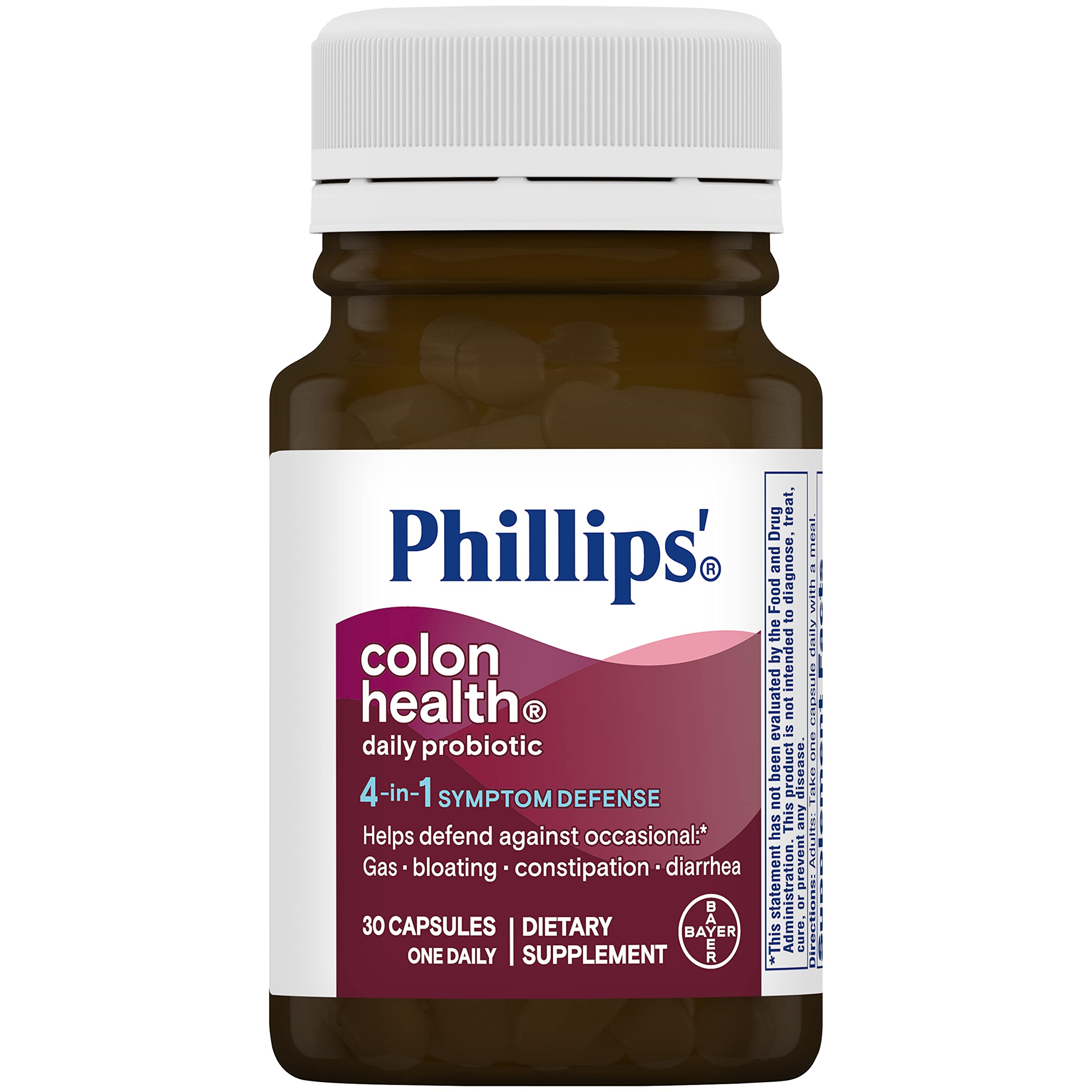 Phillips' Colon Health capsules closeup, 1.5B CFU at expiry.