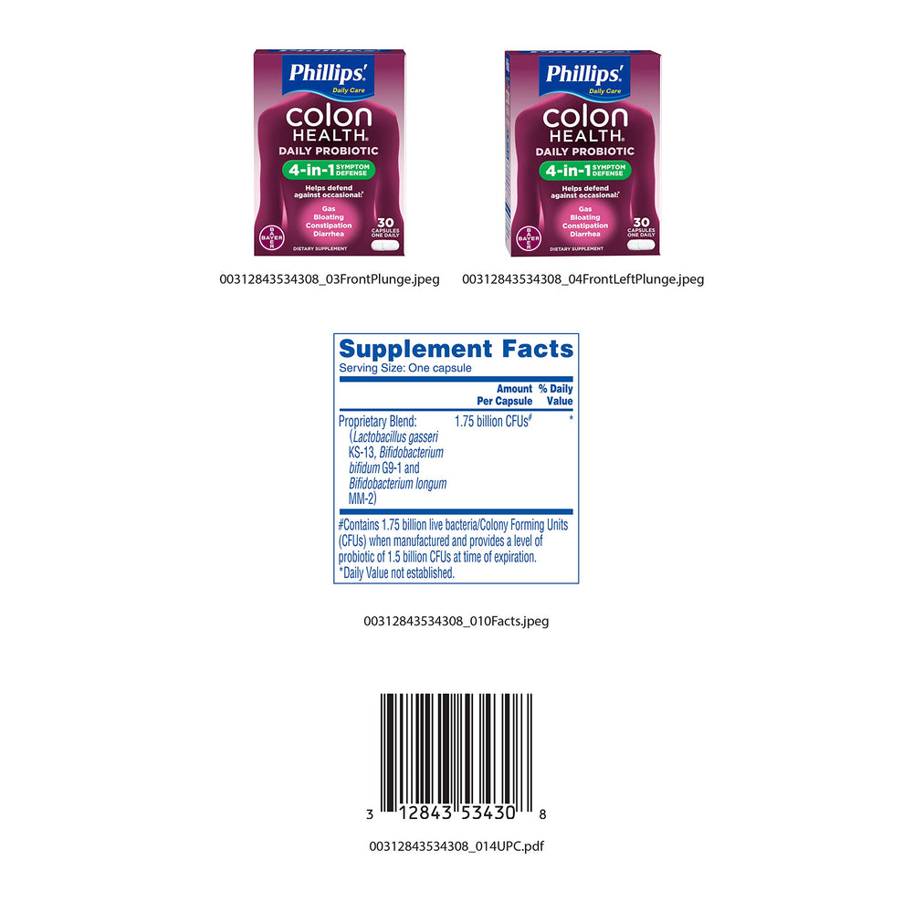 Packaged set of Phillips' Colon Health bottles on counter.