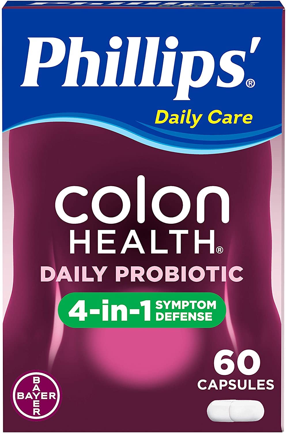Phillips' Colon Health bottle front highlighting 4-in-1 digestive support.