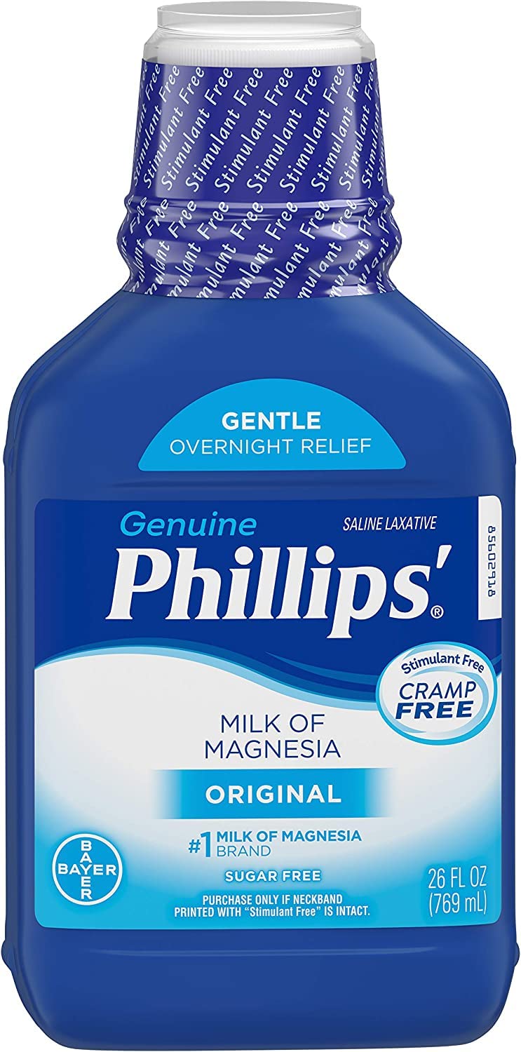 Phillips' Milk of Magnesia Fresh Mint bottle emphasizes refreshing option and gentle action.