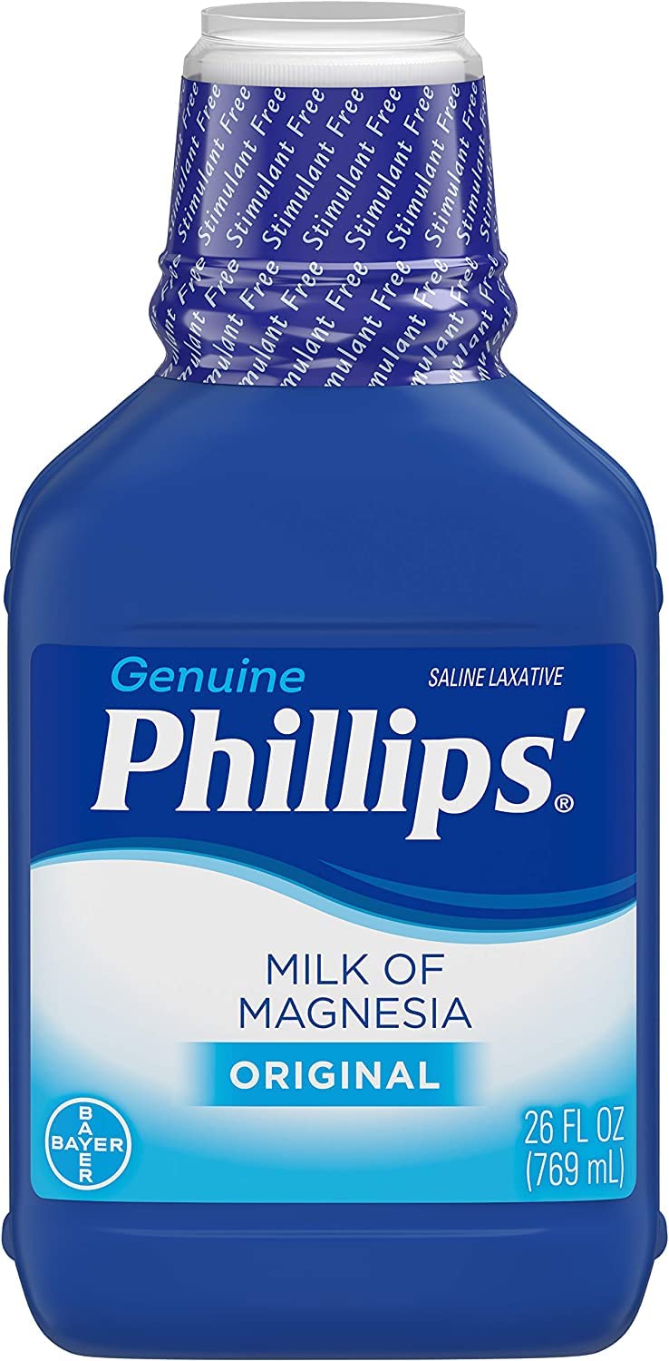 Phillips' Milk of Magnesia Original bottle shown for gentle overnight relief.