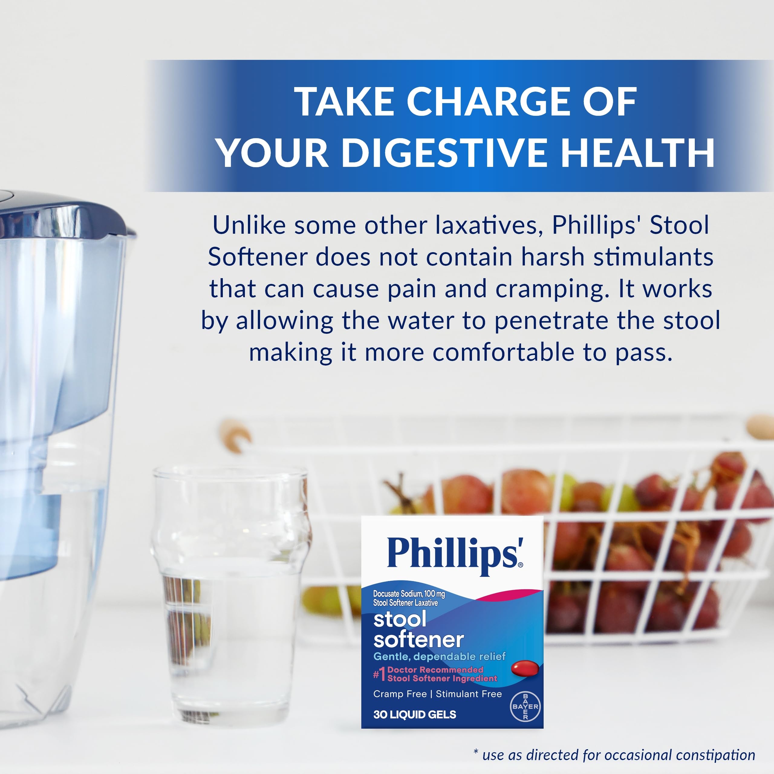 Product display featuring Phillips' Stool Softener on retail shelves.