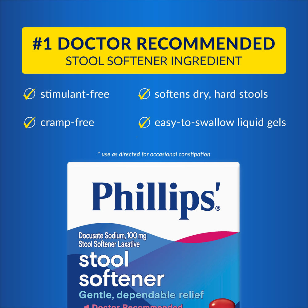 Phillips' Stool Softener label highlights Docusate Sodium as key ingredient.