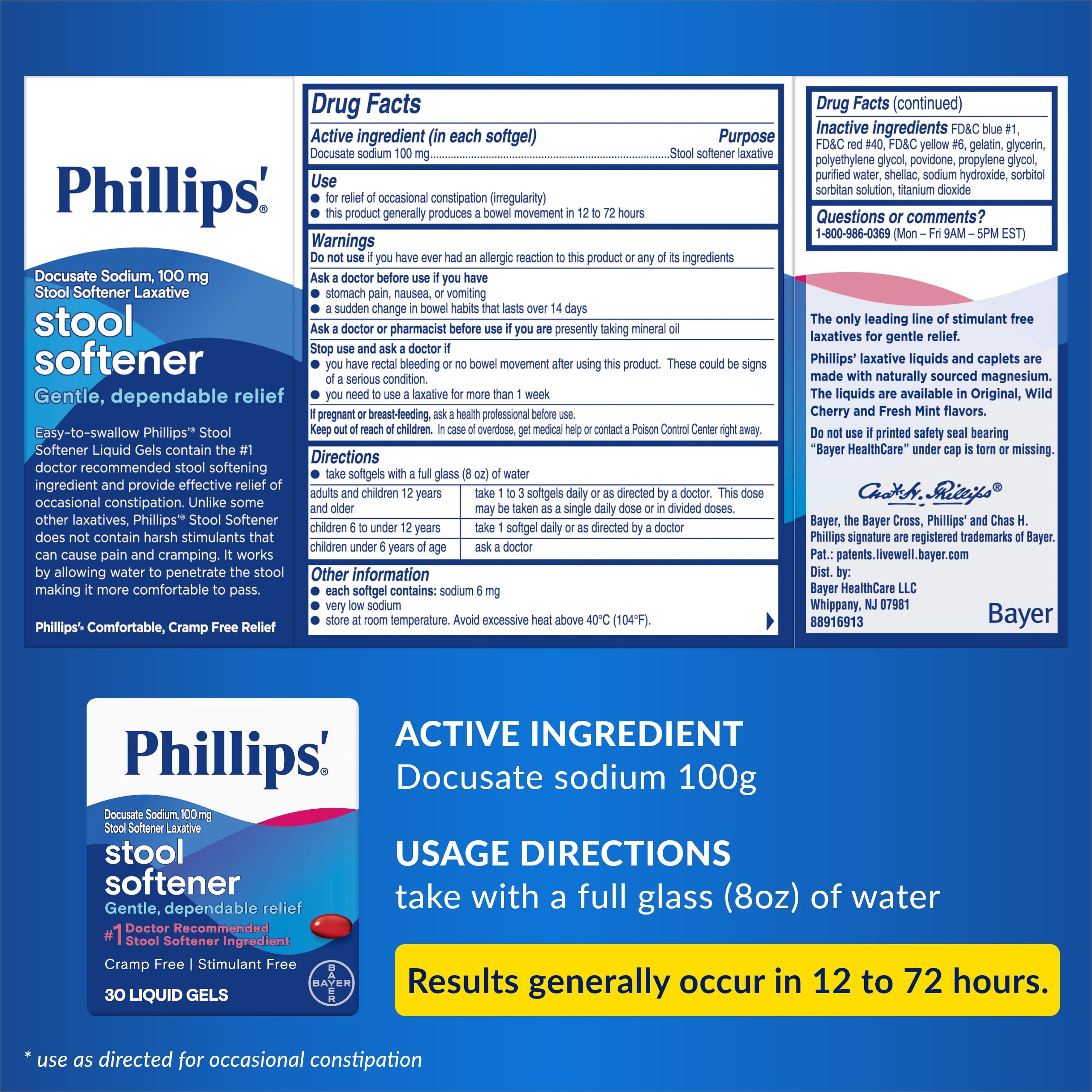 Packaging image of Phillips' Stool Softener showing box and usage info.