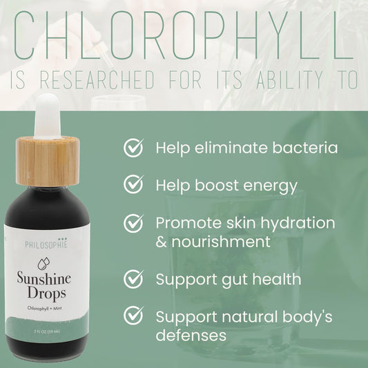 Philosophie Liquid Chlorophyll Sunshine Drops dispenser shown for easy dosing in water.