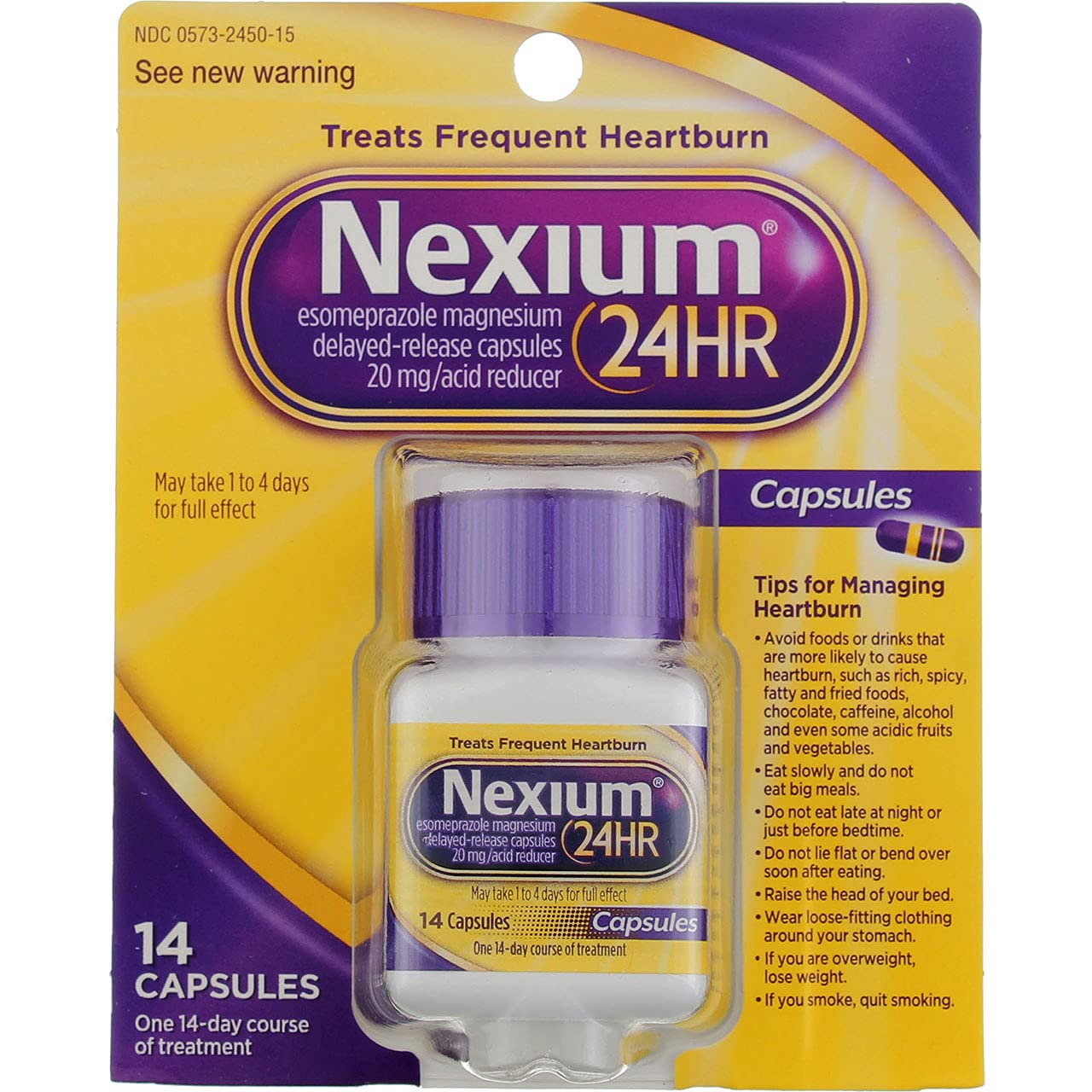 Phixnozar Nexium 24HR capsules close-up showing 20 mg esomeprazole potency for daily acid support.