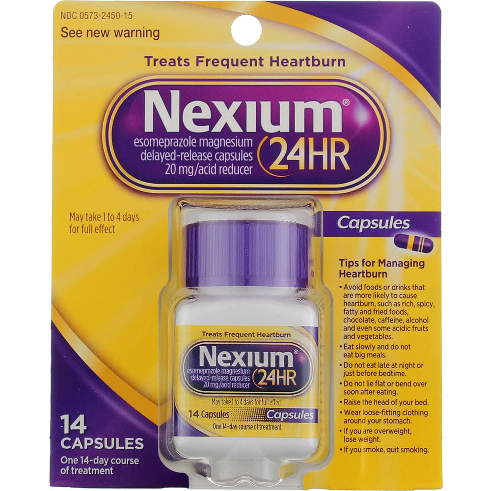 Phixnozar Nexium 24HR capsules close-up showing 20 mg esomeprazole potency for daily acid support.