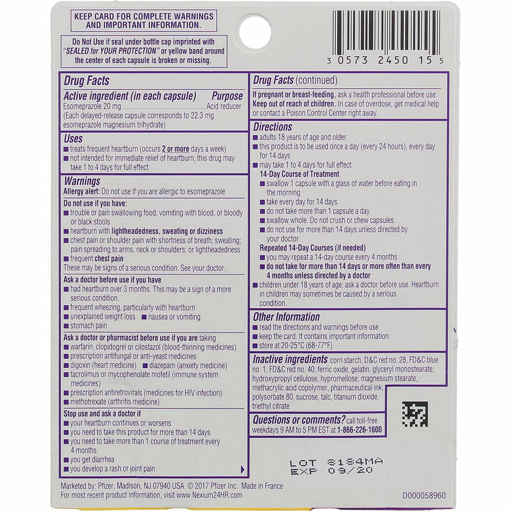Phixnozar Nexium 24HR bottle label shows dosage guidance for safe, consistent use.