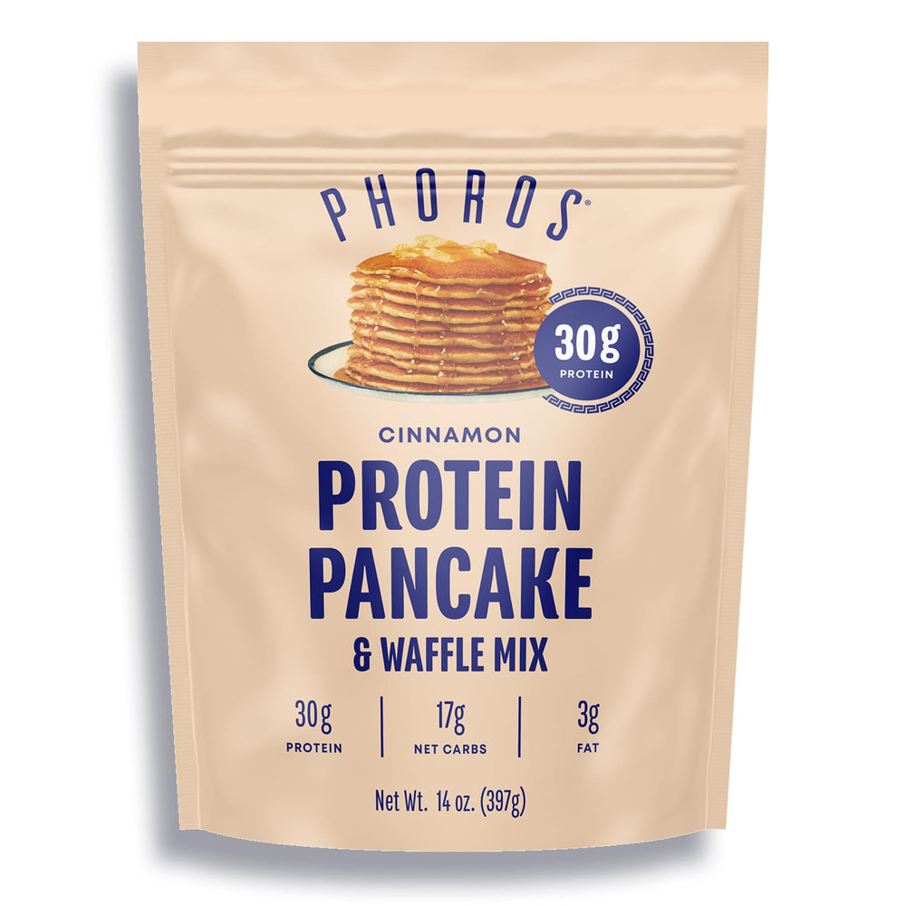 Phoros Protein Pancake Mix Cinnamon packaging highlighting convenience and protein-rich breakfast