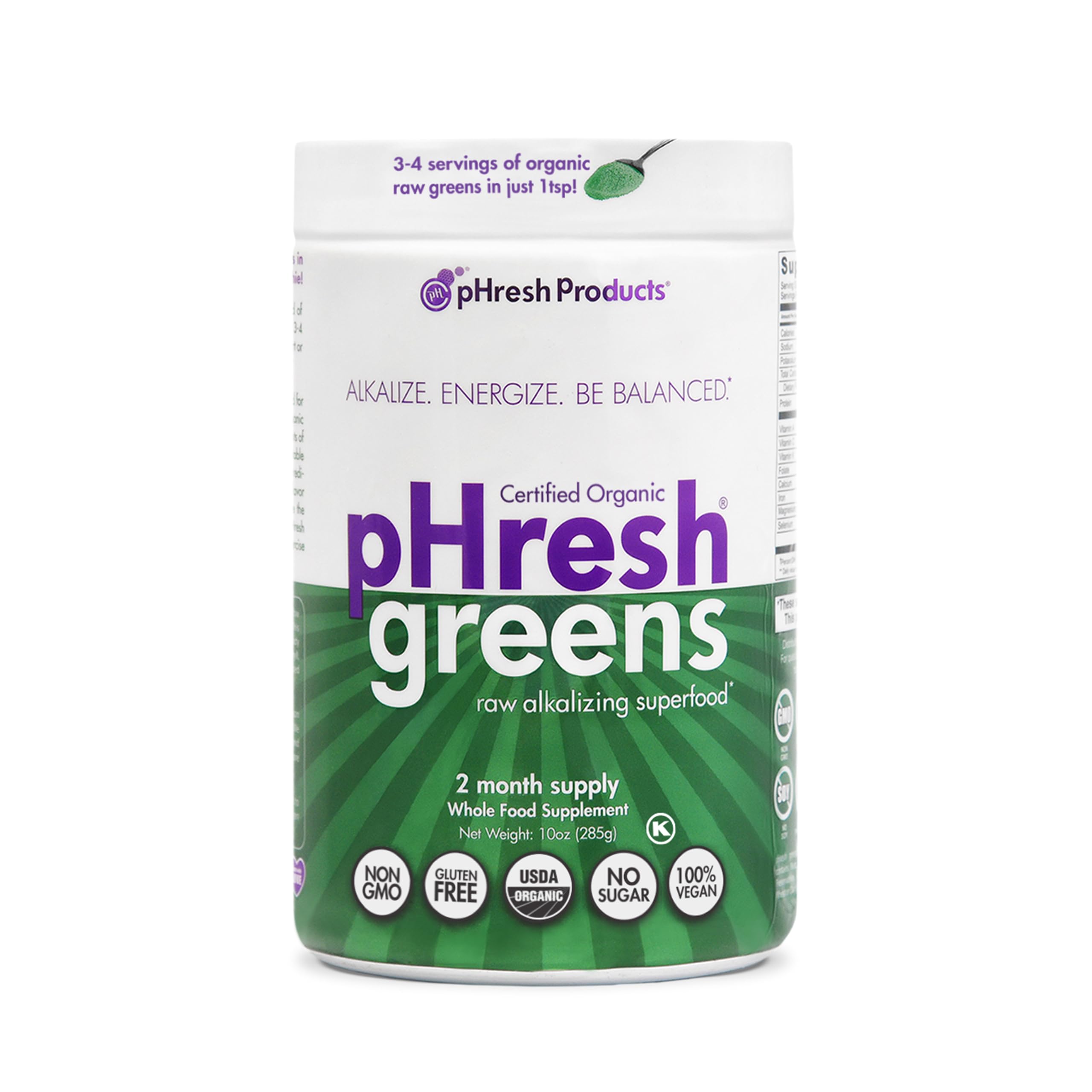 Phresh Greens powder jar front showcasing label and premium formula for daily nourishment