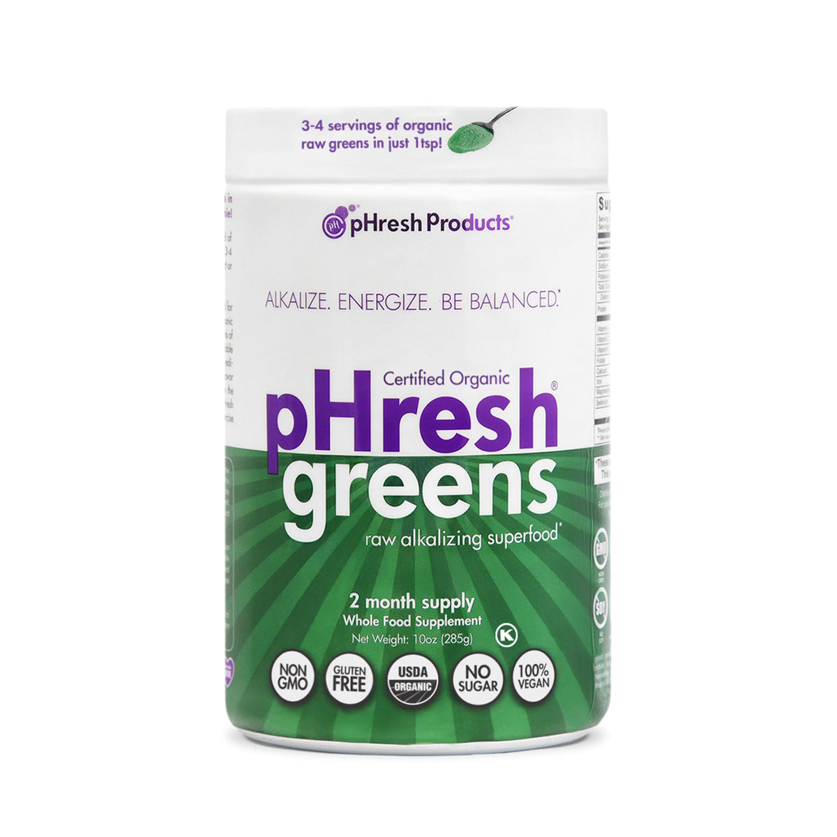 Phresh Greens powder jar front showcasing label and premium formula for daily nourishment