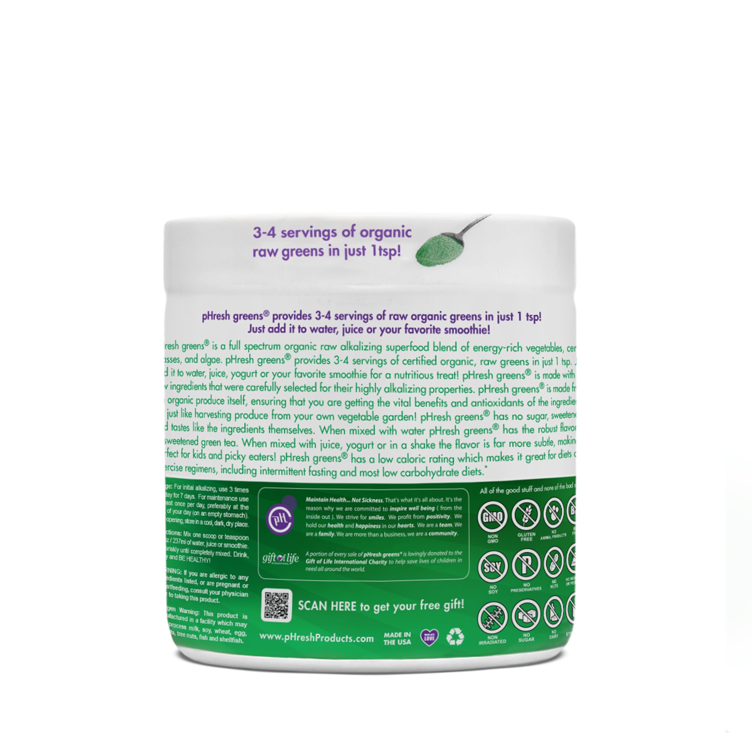 Phresh Greens powder with scoop offers an easy energy boost for busy days.
