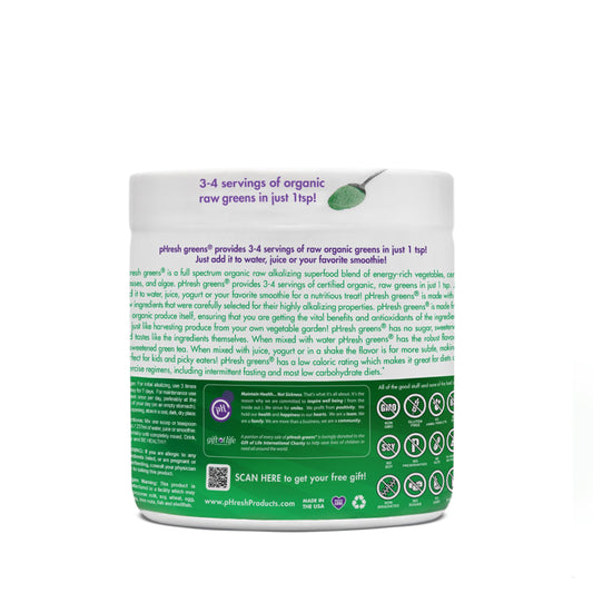 Phresh Greens powder with scoop offers an easy energy boost for busy days.