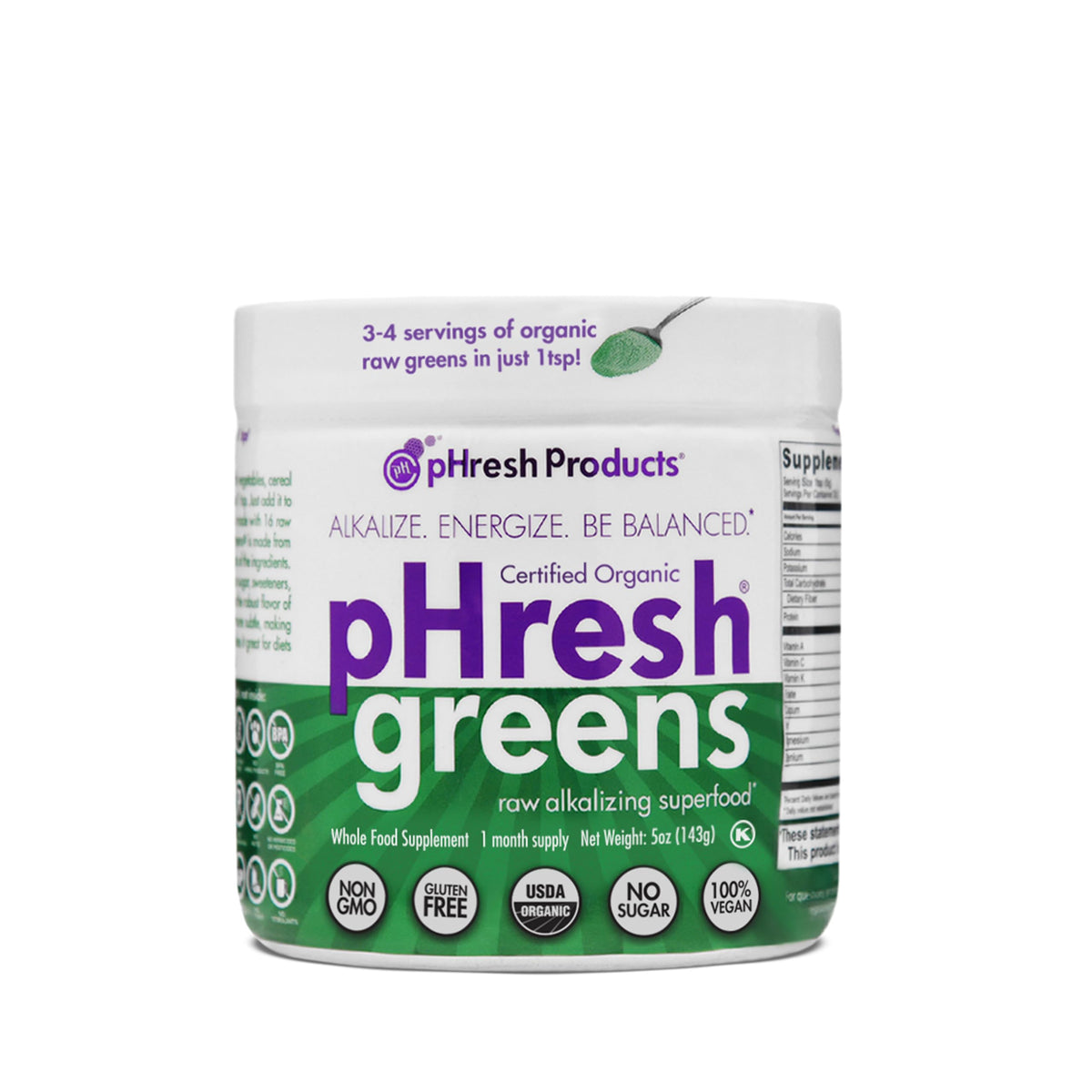Phresh Greens raw powder tub demonstrates a gluten-free daily vitality option.