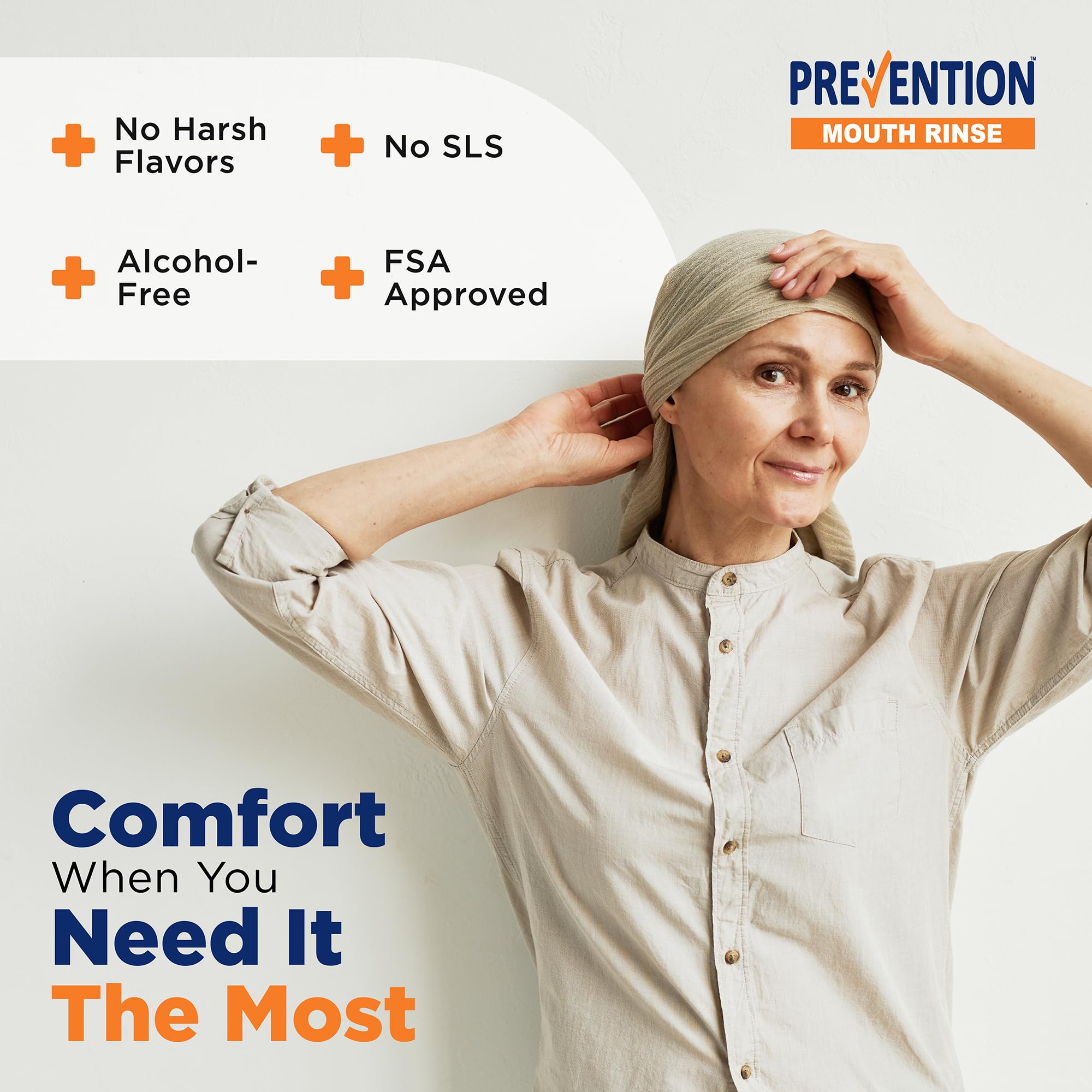 PHS Prevention oncology mouthwash bottle label close-up, alcohol-free and gentle formula.