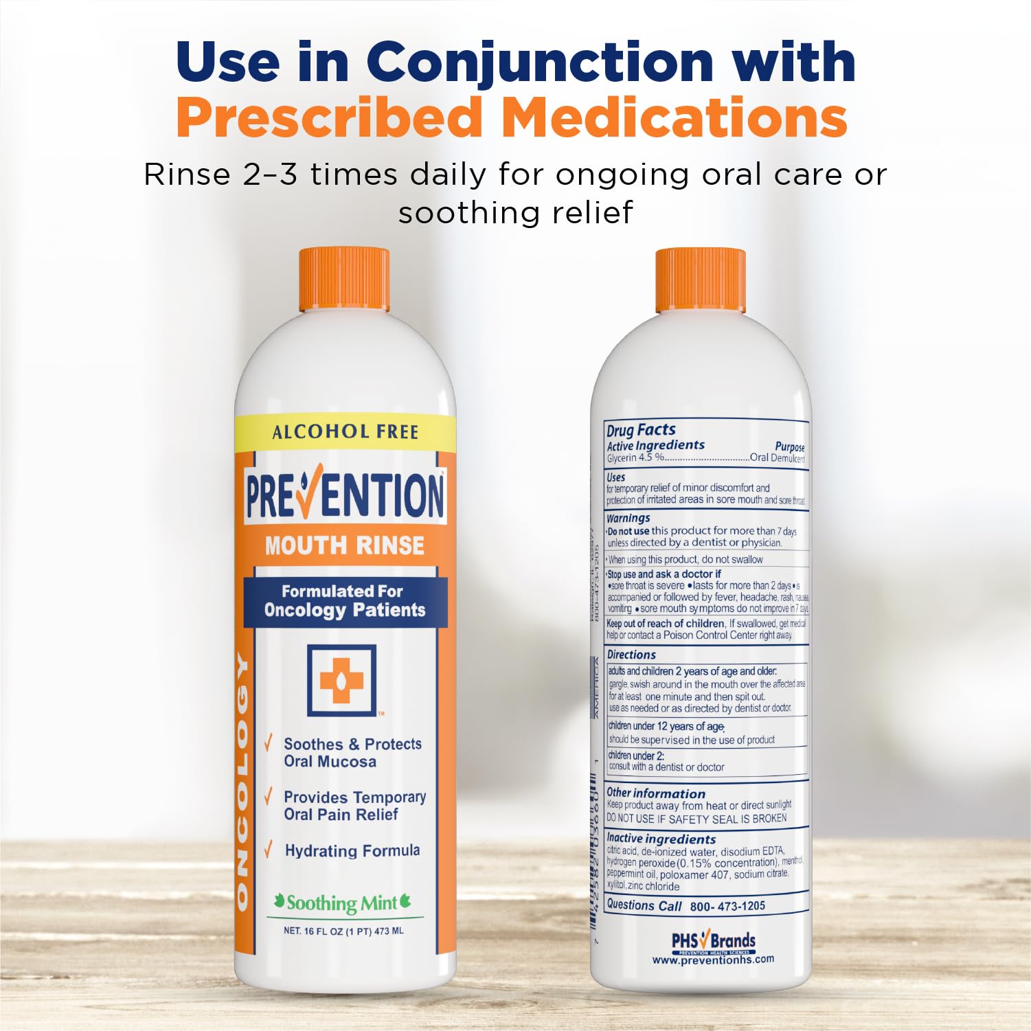 PHS Prevention oncology mouthwash daily-use dosing guide, suitable for sensitive mouths.