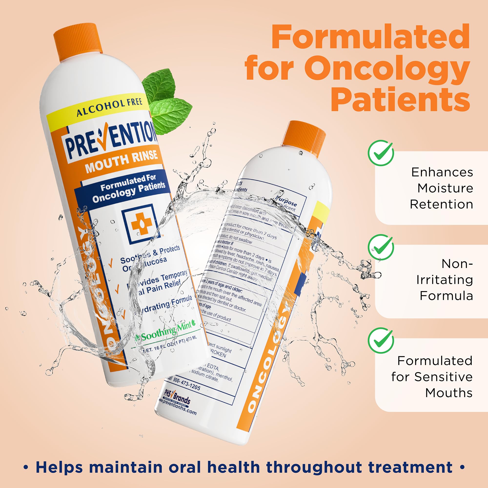 PHS Prevention Oncology Mouthwash label close-up showing alcohol-free soothing formula.