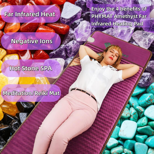 Close-up of amethyst and other gemstones on PHYMAT heating pad surface