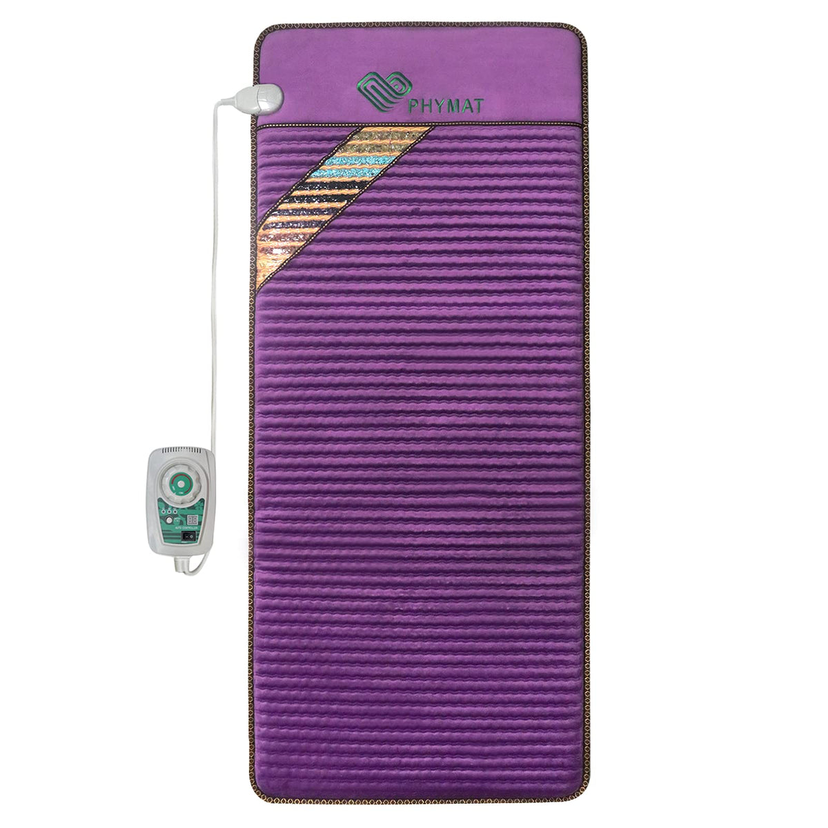 PHYMAT far infrared amethyst heating pad laid out on a bed for full-body warmth