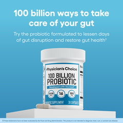 Physician's CHOICE probiotic label shows 16 strains and organic prebiotics.