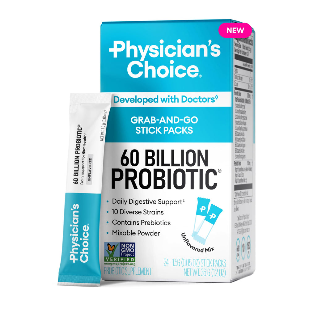 Physician's Choice 60B CFU probiotic stick pack for daily gut support.
