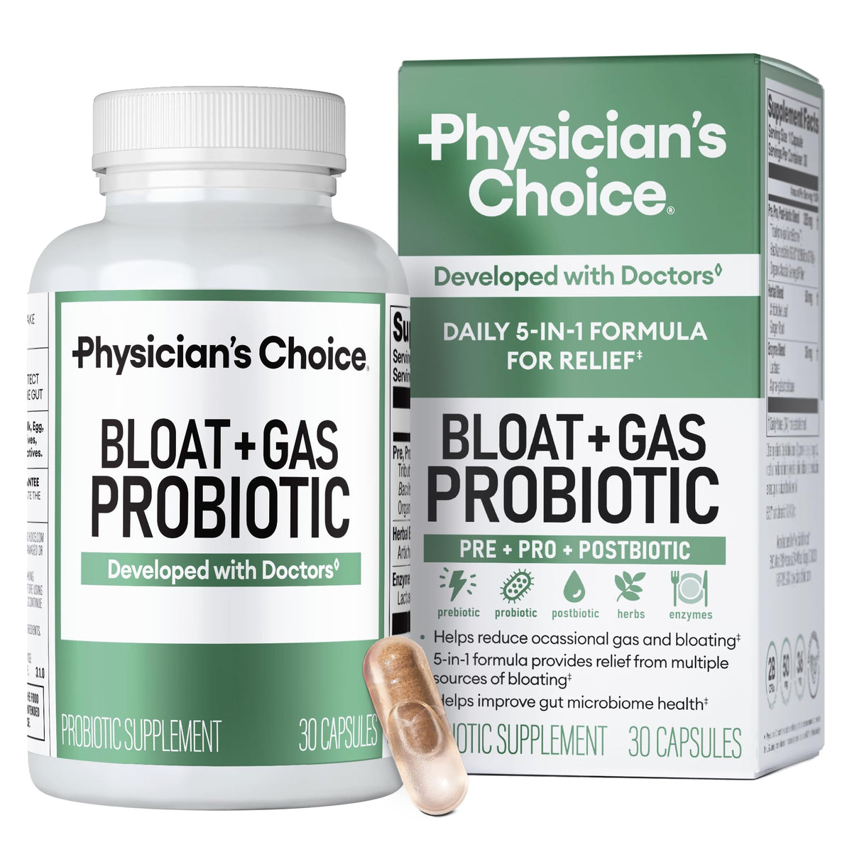 Physician's CHOICE bottle of Bloat & Gas Probiotic for daily digestive support.