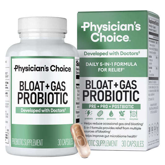 Physician's CHOICE bottle of Bloat & Gas Probiotic for daily digestive support.