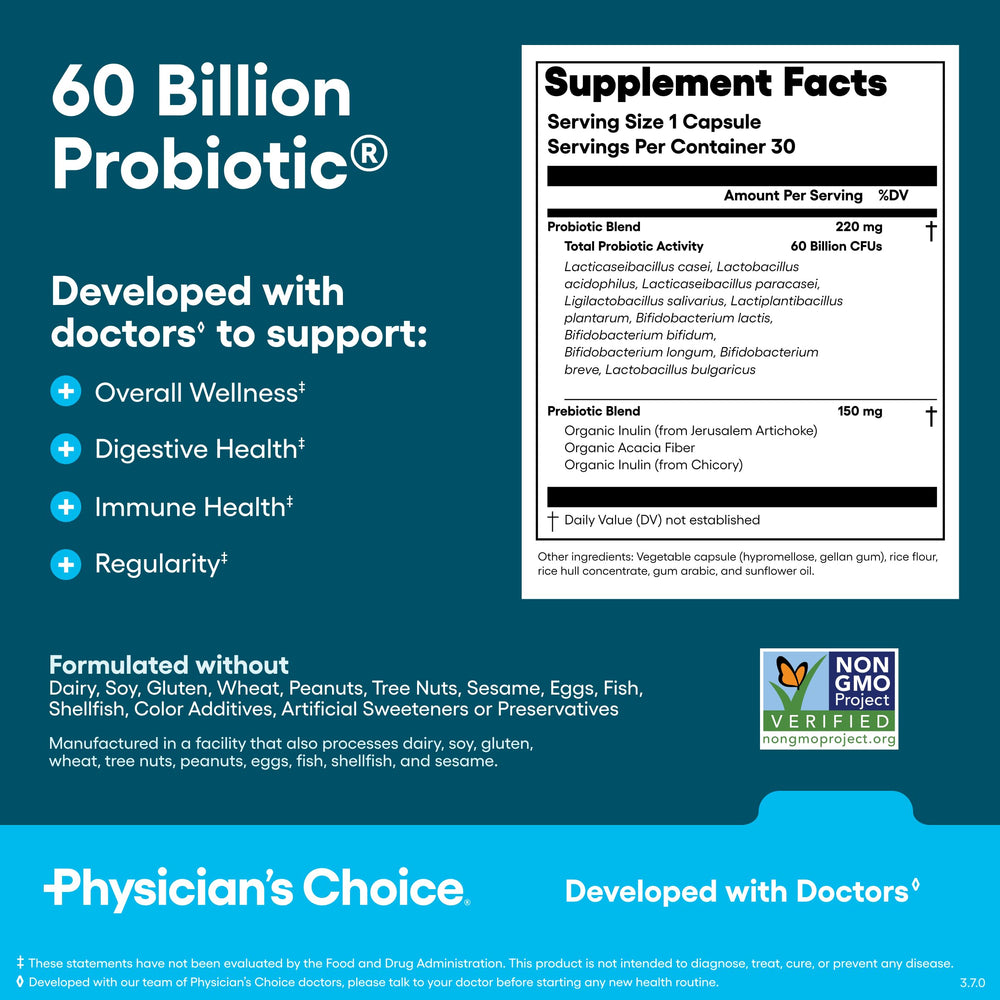 Physician's CHOICE Bloat & Gas probiotic daily-relief bottle.