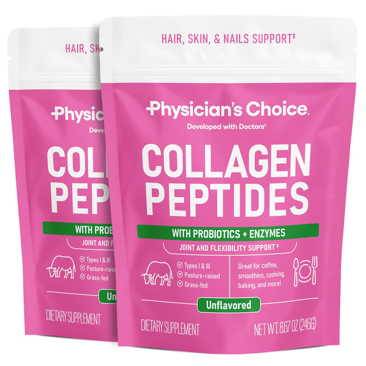 Physician's CHOICE Collagen Peptides jar closeup, showcasing premium formula for hair and joints