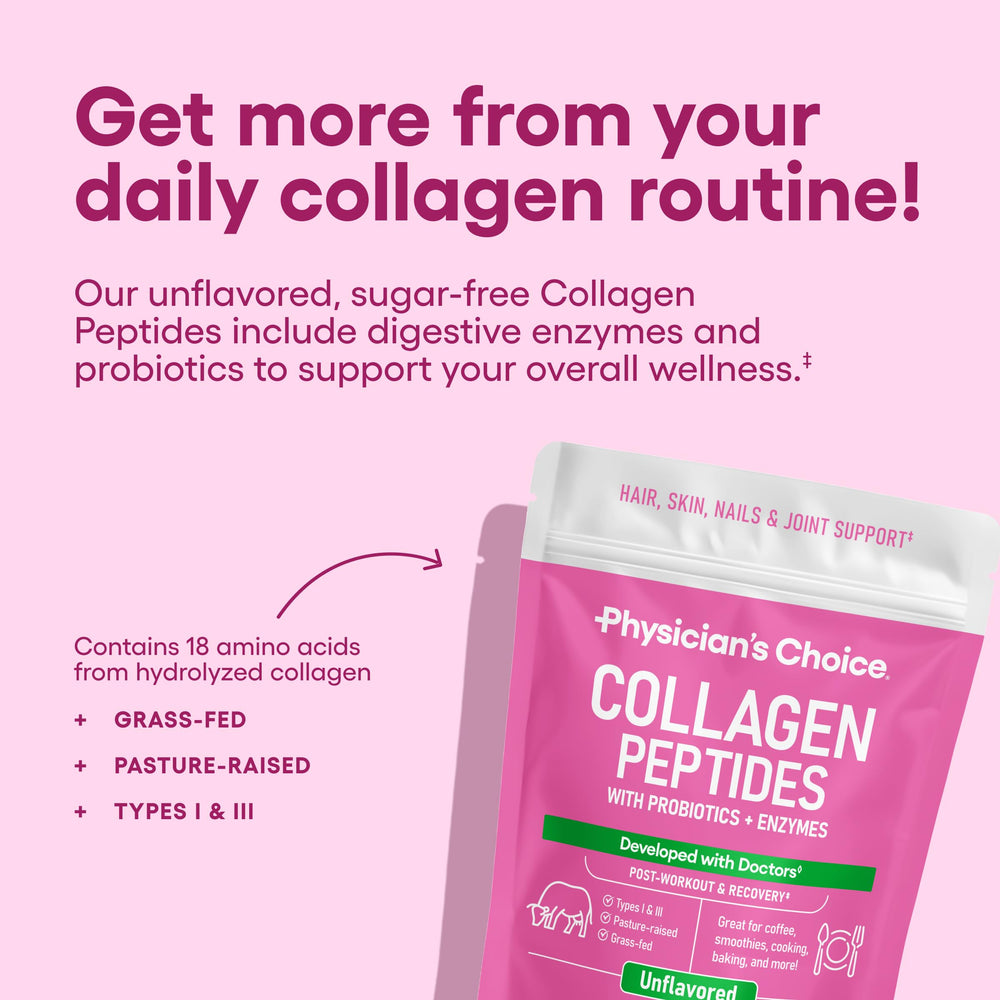 Physician's CHOICE collagen powder in glass with scoop, ideal for smoothies and post-workout recovery