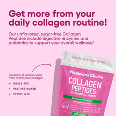 Physician's CHOICE collagen powder in glass with scoop, ideal for smoothies and post-workout recovery