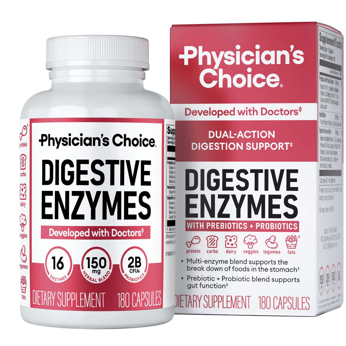 Physician's CHOICE Digestive Enzymes bottle front, showing mealtime comfort support
