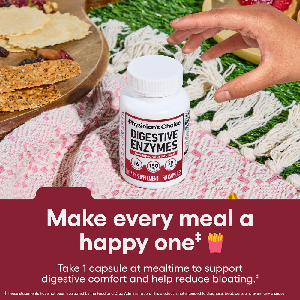 Physician's CHOICE Digestive Enzymes bottles reveal capsules promoting gut-friendly enzyme support