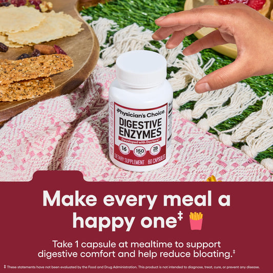 Physician's CHOICE Digestive Enzymes bottles reveal capsules promoting gut-friendly enzyme support