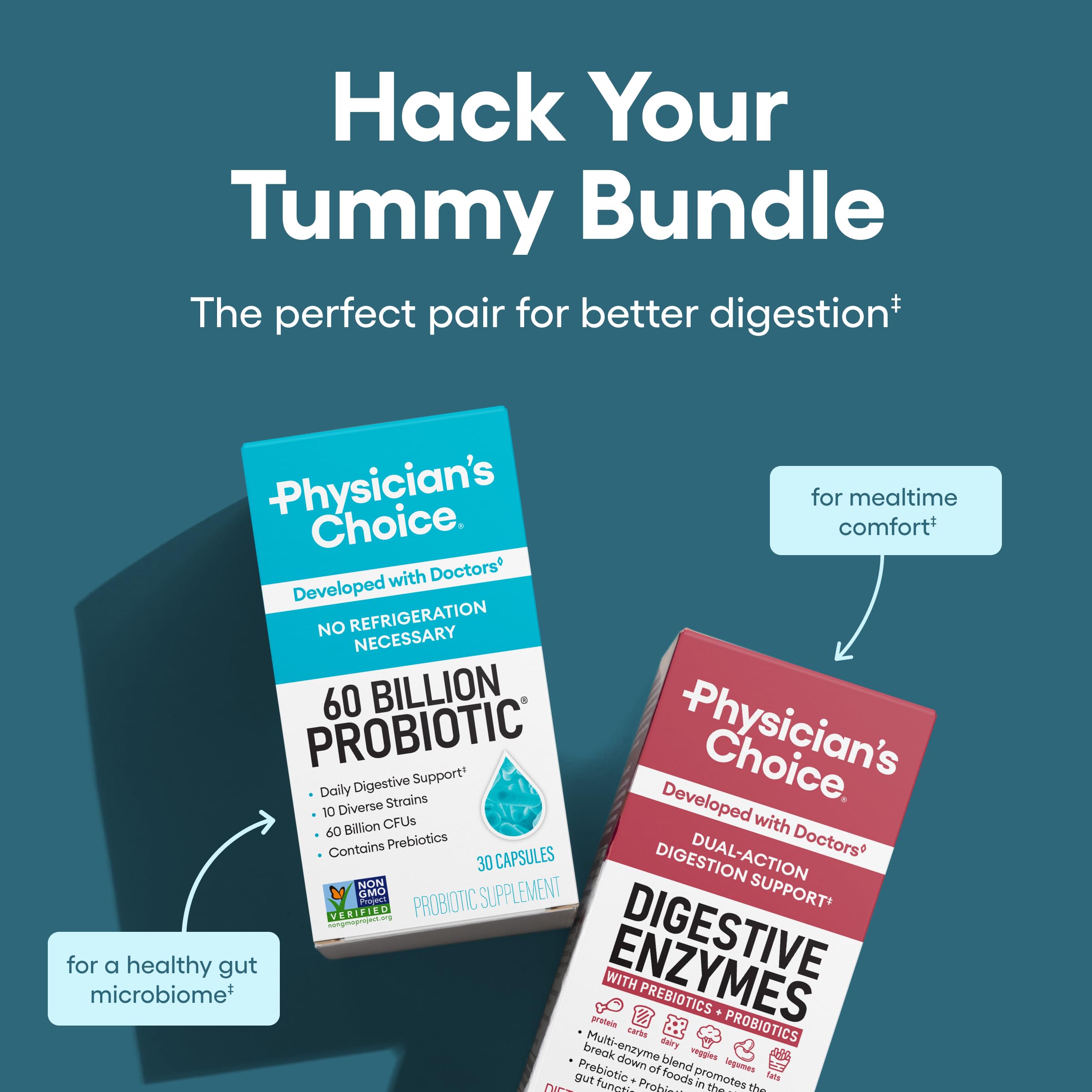 Physician's CHOICE Digestive Enzymes bottle helps with nutrient breakdown after meals.