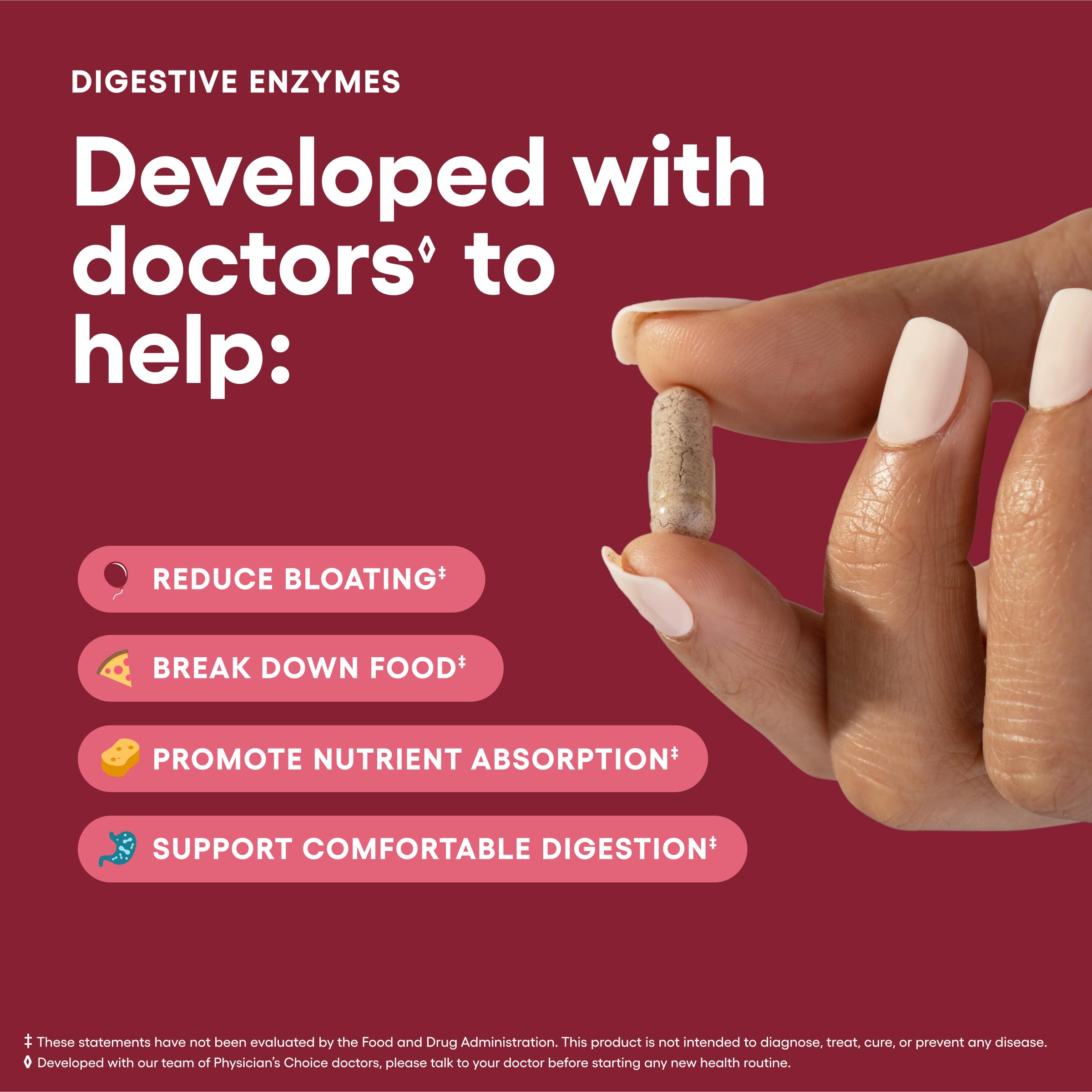 Physician's CHOICE Digestive Enzymes packaging highlights SBO probiotics and organic prebiotics