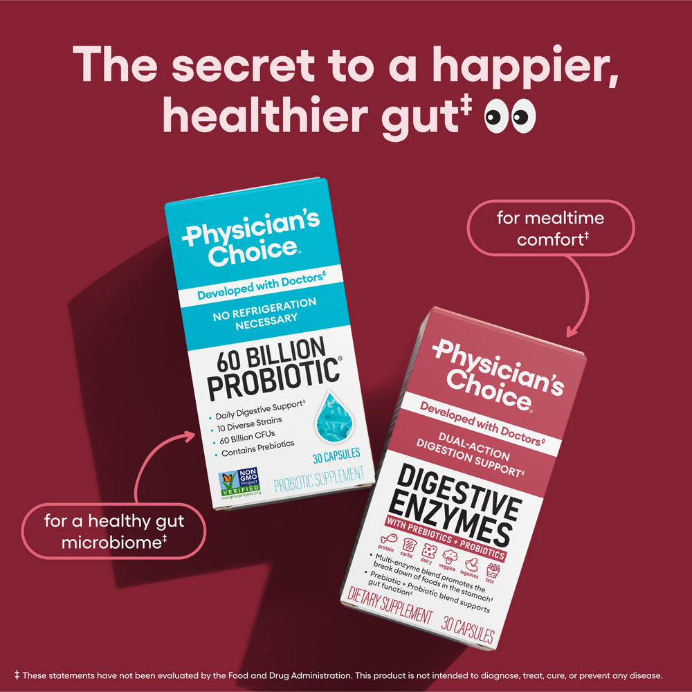 Physician's CHOICE Digestive Enzymes product shot with label demonstrates dual action support