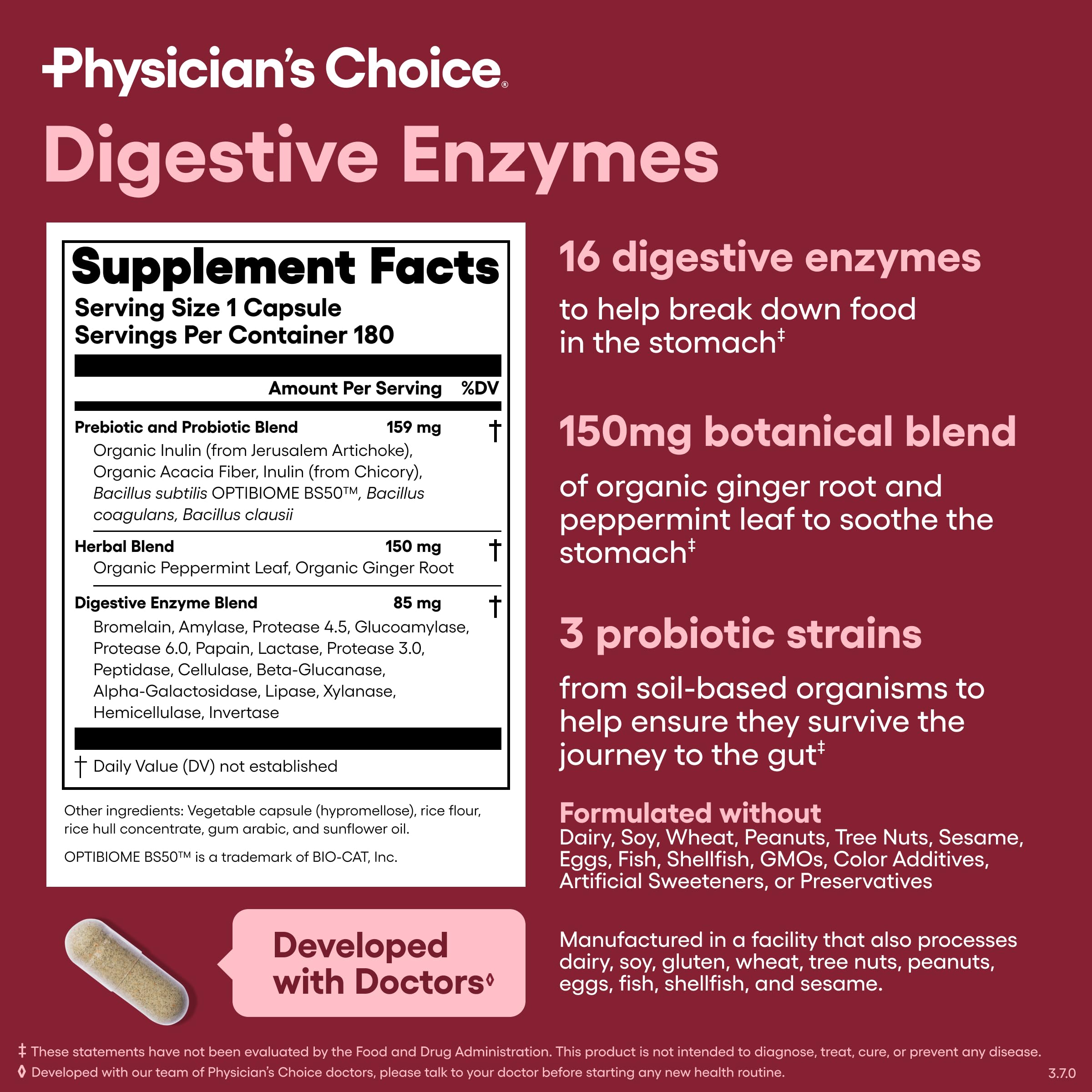 Physician's CHOICE Digestive Enzymes bottle and US-made seal convey safety