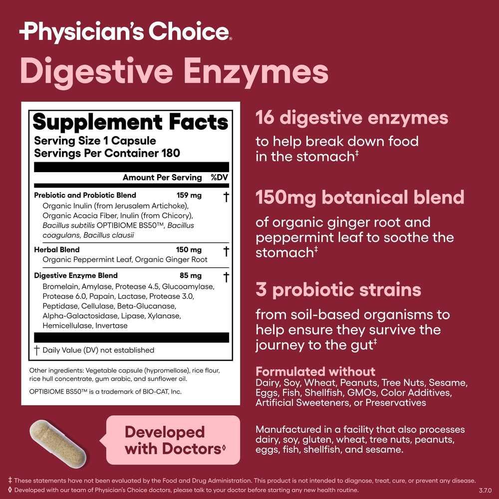 Physician's CHOICE Digestive Enzymes bottle and US-made seal convey safety
