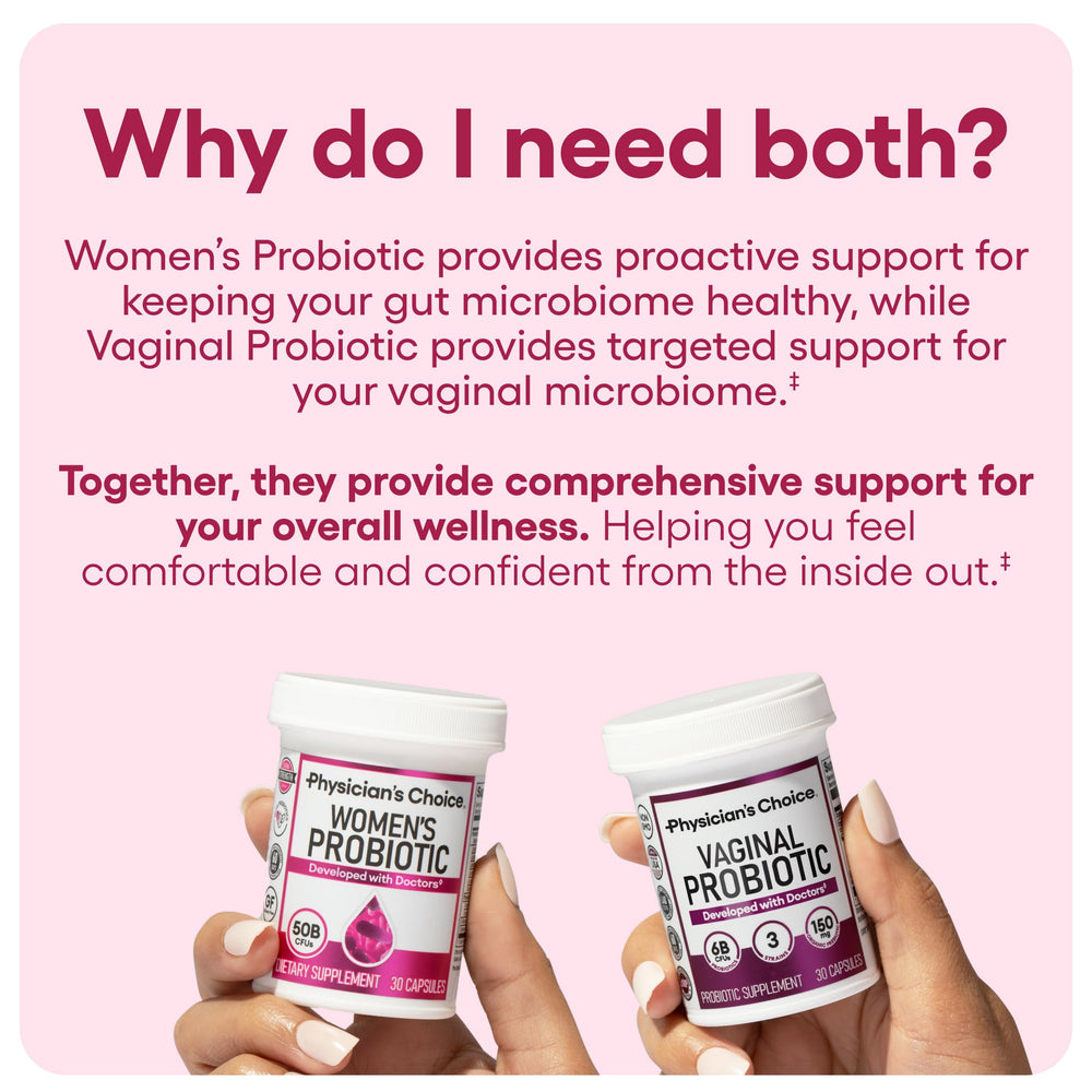 Physician's CHOICE Feminine Power Duo vaginal probiotic bottle promotes vaginal balance and comfort.