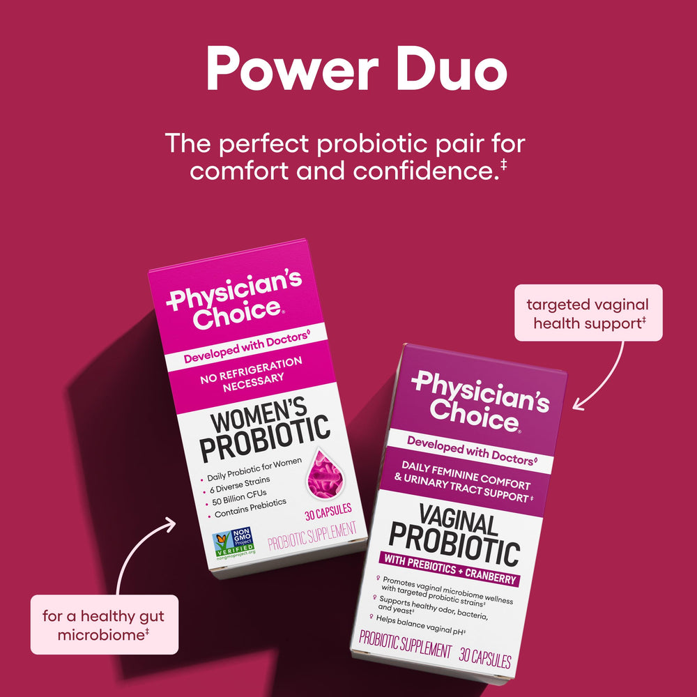 Physician's CHOICE Feminine Power Duo women's probiotic bottle highlights gut and urinary balance.