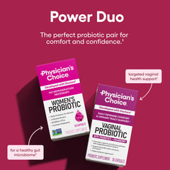 Physician's CHOICE Feminine Power Duo women's probiotic bottle highlights gut and urinary balance.