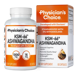 Physician's CHOICE KSM-66 ashwagandha bottle label highlights 60 vegan capsules for daily use