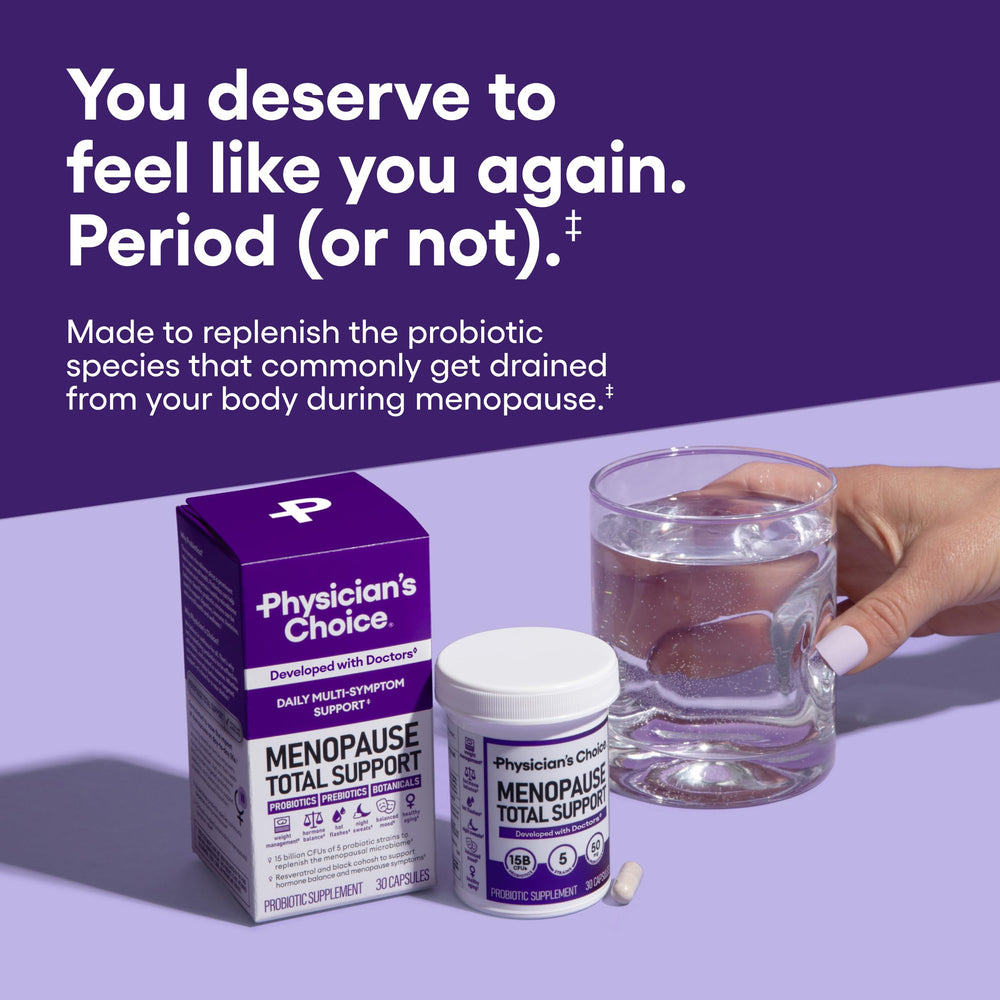 Physician's CHOICE Menopause Probiotic bottle back with ingredients and safety notes.