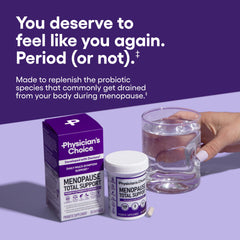 Physician's CHOICE Menopause Probiotic bottle back with ingredients and safety notes.