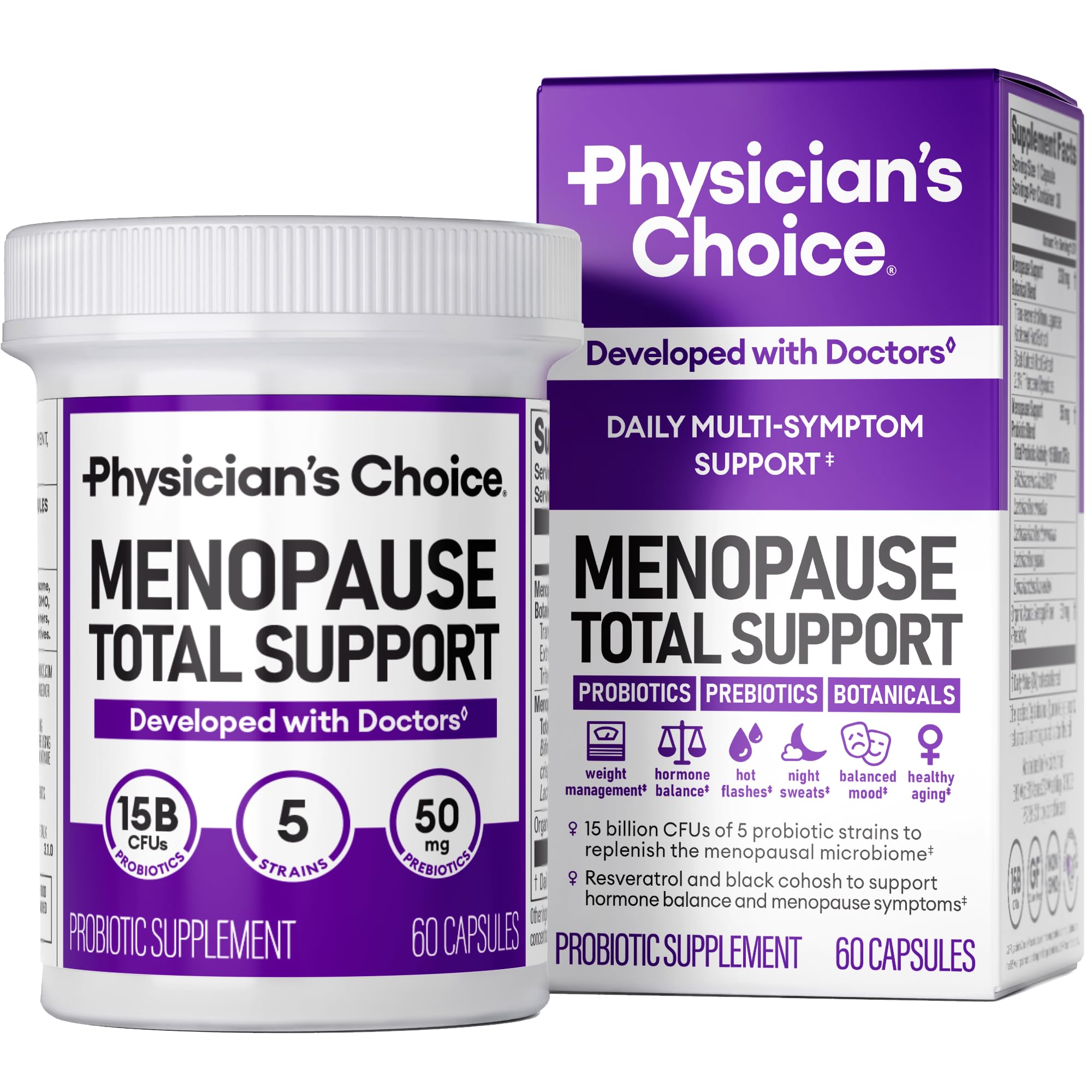 Physician's CHOICE Menopause Probiotic bottle front supports daily hormonal balance.